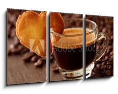 Obraz 3D tdln - 90 x 50 cm F_BS25317575 - Espresso coffee with cake on brown background - Espresso kva s kolem na hndm pozad