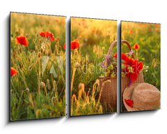 Obraz 3D tdln - 90 x 50 cm F_BS276027409 - Basket of wildflowers with straw hat in sunlit poppy field