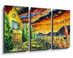 Obraz 3D tdln - 90 x 50 cm F_BS277362459 - Impressionism oil painting landscape paint art Red sea ship, scarlet sails, sunset over mountains, yellow