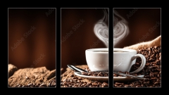 Obraz 3D tdln - 90 x 50 cm F_BS286399259 - White Cup Of Hot Coffee With Heart Shaped Steam On Old Weathered Table With Burlap Sack And Beans