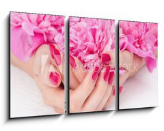 Obraz   Woman cupped hands with pink manicure holding a flower, 90 x 50 cm