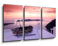 Obraz   Santorini with boat on white roof against sunset in Greece, 90 x 50 cm