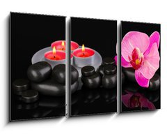 Obraz 3D tdln - 90 x 50 cm F_BS44325294 - Spa stones with orchid flower and candles isolated on black