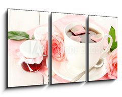 Obraz   cup of tea with roses and jam on white wooden table, 90 x 50 cm