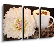 Obraz   Latte on wooden table on brown background, 90 x 50 cm