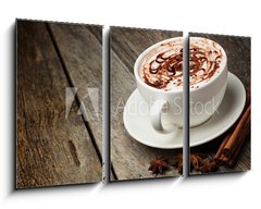 Obraz 3D tdln - 90 x 50 cm F_BS46093962 - coffee cup and beans, cinnamon sticks, nuts and chocolate on woo