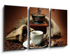 Obraz 3D tdln - 90 x 50 cm F_BS47552401 - cup of coffee, grinder, turk and coffee beans - lek kvy, mlnky, tuk a kvov zrna