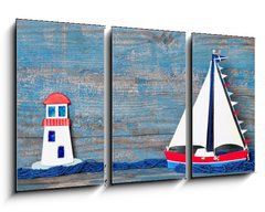 Obraz   Sommerlicher Hintergrund aus Holz in Blau mit Segelboot, 90 x 50 cm