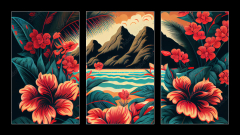 Obraz 3D tdln - 90 x 50 cm F_BS557498662 - Hawaiian style pattern with hibiscus flowers and lush vegetation ideal for exotic backgrounds