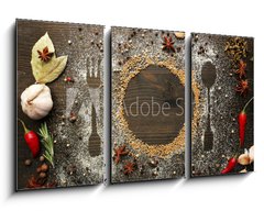 Obraz 3D tdln - 90 x 50 cm F_BS73223520 - Spices on table with cutlery silhouette, close-up