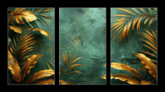 Obraz 3D tdln - 90 x 50 cm F_BS790822272 - An elegant gold decoration art wallpaper. Modern art with nature. Golden leaves, plants and bamboo of curvature of the line, green background.
