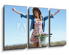 Obraz 3D třídílný - 90 x 50 cm F_BS81062127 - Beautiful young woman with a vintage bike in the field. - Krásná mladá žena s vintage kolo v poli.