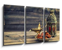 Obraz 3D tdln - 90 x 50 cm F_BS97000675 - Ramadan lamp and dates on wooden background. Oriental lantern