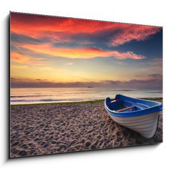 Sklenn obraz 1D - 100 x 70 cm F_E101100206 - Boat and sunrise - Lo a vchod slunce