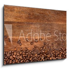Obraz 1D - 100 x 70 cm F_E104485723 - coffee background with beans on rustic old oak wood