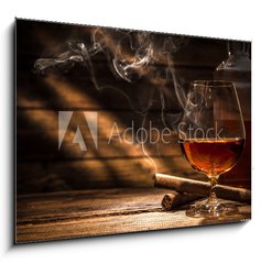 Obraz 1D - 100 x 70 cm F_E105845234 - Whiskey with smoking cigar - Whisky s koucm doutnkem