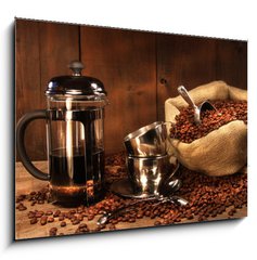 Sklenn obraz 1D - 100 x 70 cm F_E11872432 - Sack of coffee beans with french press - Sek kvovch zrn s francouzskm lisem