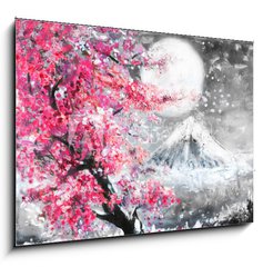 Obraz 1D - 100 x 70 cm F_E120794247 - oil painting landscape with sakura and mountain, hand drawn illustration, Japan - olejomalba krajina se sakurou a horami, run kreslen ilustrace, Japonsko