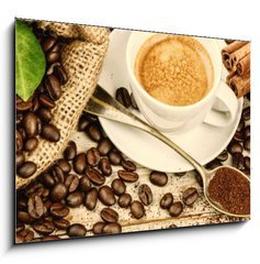 Obraz 1D - 100 x 70 cm F_E122026658 - Cup of hot black coffee with old wooden mill grinder 