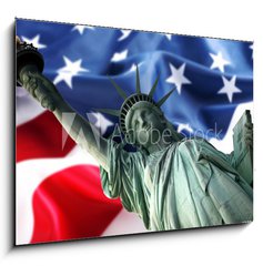 Sklenn obraz 1D - 100 x 70 cm F_E12542738 - NY Statue of Liberty against a flag of USA - NY Socha svobody proti vlajce USA