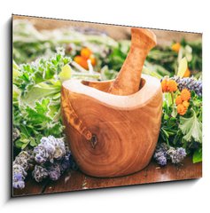 Obraz 1D - 100 x 70 cm F_E128185706 - Variety of herbs and mortar on wooden background, banner