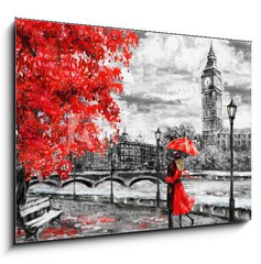 Obraz 1D - 100 x 70 cm F_E133948127 - oil painting on canvas, street of london. Artwork. Big ben. man and woman under an red umbrella. Tree. England. Bridge and river