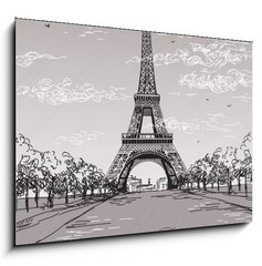 Obraz 1D - 100 x 70 cm F_E138222265 - Landscape with Eiffel tower in black and white colors on grey background