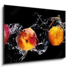 Sklenn obraz 1D - 100 x 70 cm F_E148249825 - Set of fresh fruits in water splash isolated on black background - Sada erstvho ovoce v stkajc vod izolovan na ernm pozad