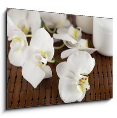 Obraz 1D - 100 x 70 cm F_E15837732 - Face cream and white orchid on a bamboo mate - Krm na obliej a bl orchidej na bambusov kamardce