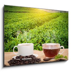Obraz 1D - 100 x 70 cm F_E160363480 - Coffee or tea in the morning on the wooden table and the Tea plantation background