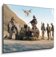 Obraz 1D - 100 x 70 cm F_E164038449 - Soldiers are Using Drone for Scouting During Military Operation in the Desert.