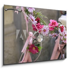 Obraz 1D - 100 x 70 cm F_E166351131 - vintage Pink bicycle with basket of flowers