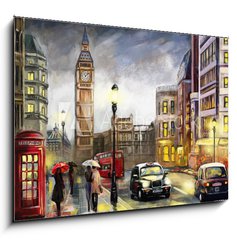 Obraz 1D - 100 x 70 cm F_E167015010 - oil painting on canvas, street view of london. Artwork. Big ben. couple and red umbrella, bus and road, telephone. Black car - olejomalba na pltn, pohled na Londn z ulice. Umleck dla. Big Ben. pr a erven detnk, autobus a silnice, telefon. ern auto