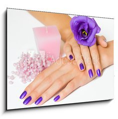 Obraz   Hands with purple manicure and flower, pink candle and beads, 100 x 70 cm