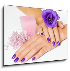 Obraz   Hands with purple manicure and flower, pink candle and beads, 100 x 70 cm