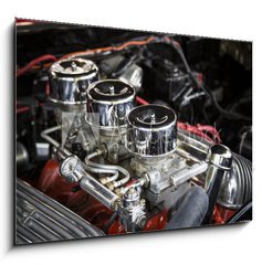 Sklenn obraz 1D - 100 x 70 cm F_E170543646 - Under the Hood View of Restored Vintage Automobile Engine with Tri-Power Show-Chrome Carburetors