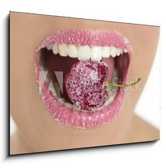 Sklenn obraz 1D - 100 x 70 cm F_E17169172 - Cherry with sugar between woman teeth