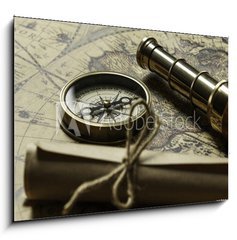 Obraz   Retro compass with old map and spyglass, 100 x 70 cm