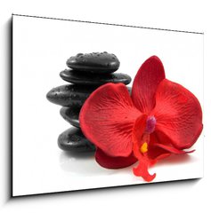 Obraz 1D - 100 x 70 cm F_E18007850 - Stacked black spa stones with silk orchid over white background