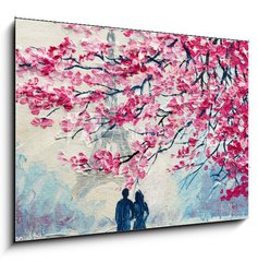 Sklenn obraz 1D - 100 x 70 cm F_E189994017 - oil painting on canvas, couple of lovers under an umbrella, Paris, Eiffel Tower, modern art
