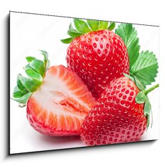 Sklenn obraz 1D - 100 x 70 cm F_E190279606 - Three strawberries with strawberry leaf on white background.