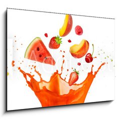 Obraz 1D - 100 x 70 cm F_E197062948 - mixed fruit falling into juices splashing on white background - smen ovoce spadajc do vy stkajc na blm pozad