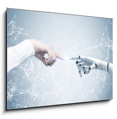 Sklenn obraz 1D - 100 x 70 cm F_E201581385 - Human and robot hands reaching out, network - Lidsk a robotick ruce natahujc ruku, s