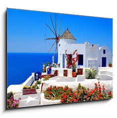 Sklenn obraz 1D - 100 x 70 cm F_E22813395 - Windmill on Santorini island, Greece