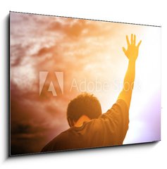 Obraz 1D - 100 x 70 cm F_E231176731 - Human hands open palm up worship. Eucharist Therapy Bless God Helping Repent Catholic Easter Lent Mind Pray. Christian Religion concept background. fighting and victory for god