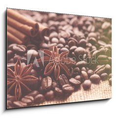 Obraz 1D - 100 x 70 cm F_E232714184 - Aromatic roasted coffee beans and anis or badian, sticks of natural cinnamon on  background close up
