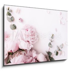 Obraz 1D - 100 x 70 cm F_E235909172 - Beautiful, tender fresh blossoming aromatic pink Peony flowers and eucalyptus branches on the white background, top view, flat lay