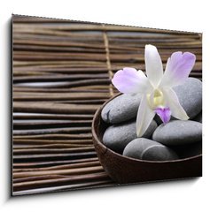 Obraz 1D - 100 x 70 cm F_E24429510 - Purple orchids in wooden bowl