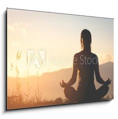 Obraz   silhouette fitness girl practicing yoga on mountain, 100 x 70 cm