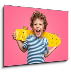 Sklenn obraz 1D - 100 x 70 cm F_E245786759 - Happy curly boy laughing and holding skateboard - astn kudrnat chlapec se smje a dr skateboard